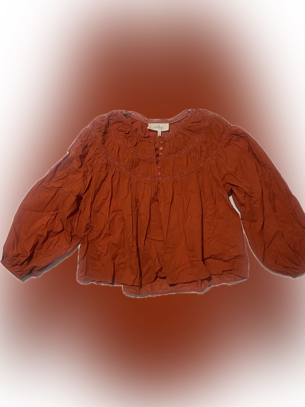 THE GREAT. Burnt Orange Peasant Blouse